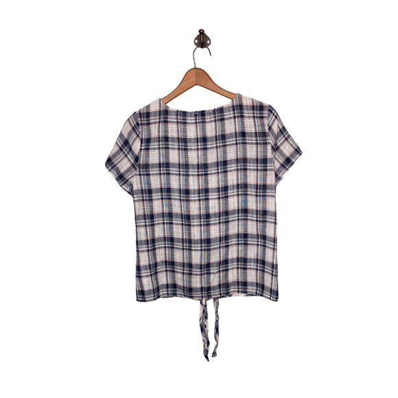 Anthropologie Small S Doe & Rae Cream Blue Plaid Tie Front 100% Cotton Blouse - Picture 2 of 4